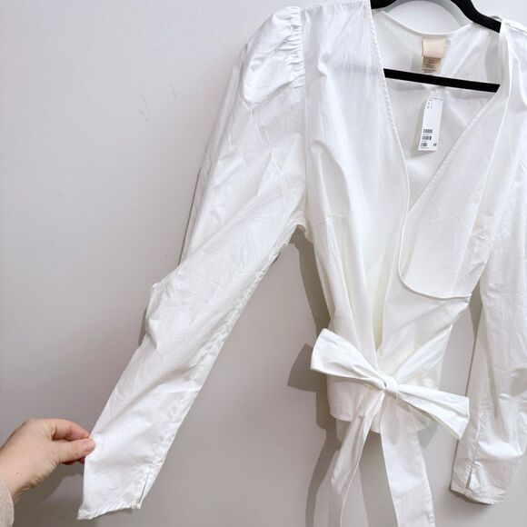 NEW H&M Women’s Large White Poplin Cotton Wrap Waist Belt Tie Blouse Top - Picture 3 of 9